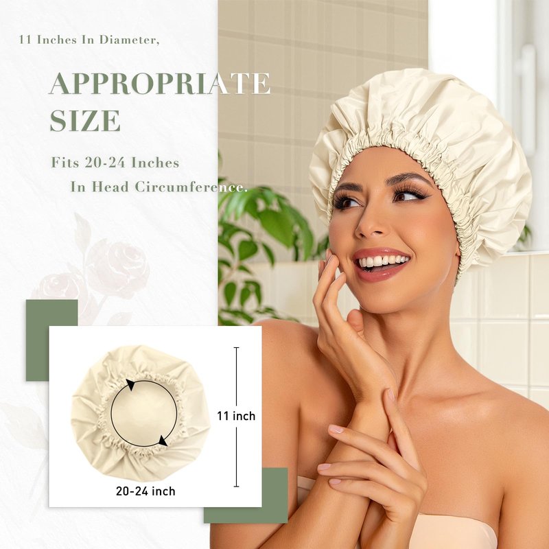 Reusable Shower Cap for Women, Large Waterproof Shower Bonnet with Elastic Band, Washable Bath Hair Cap for Long, Curly Hair, Braids, Daily Shower, Home Spa, Travel(Champagne)