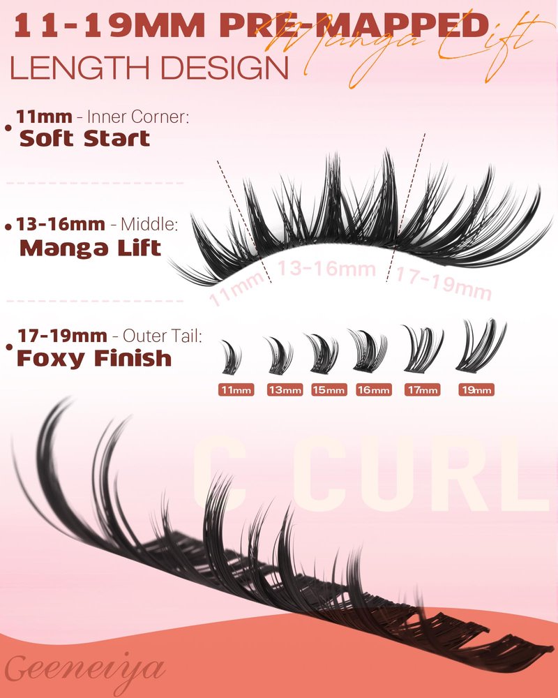 Geeneiya Manga Lash Clusters Kit, 11-19mm Fox Eye Lash Extension Kit, C Curl Left & Right Cat Eye Lashes, DIY Cluster Eyelash Extension Kit with Lash Bond and Seal Lash Tweezers for Beginners