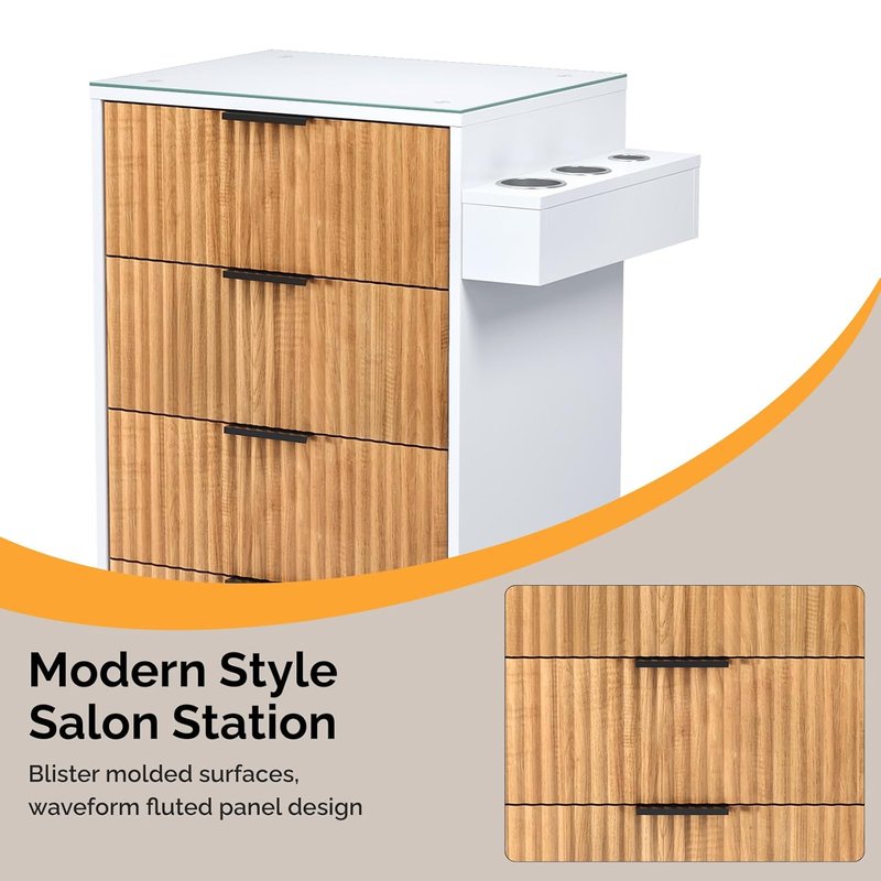 OmySalon Barber Station - Modern Retro Hair Stylist Storage Cabinet with Glass Top & Drawers | White