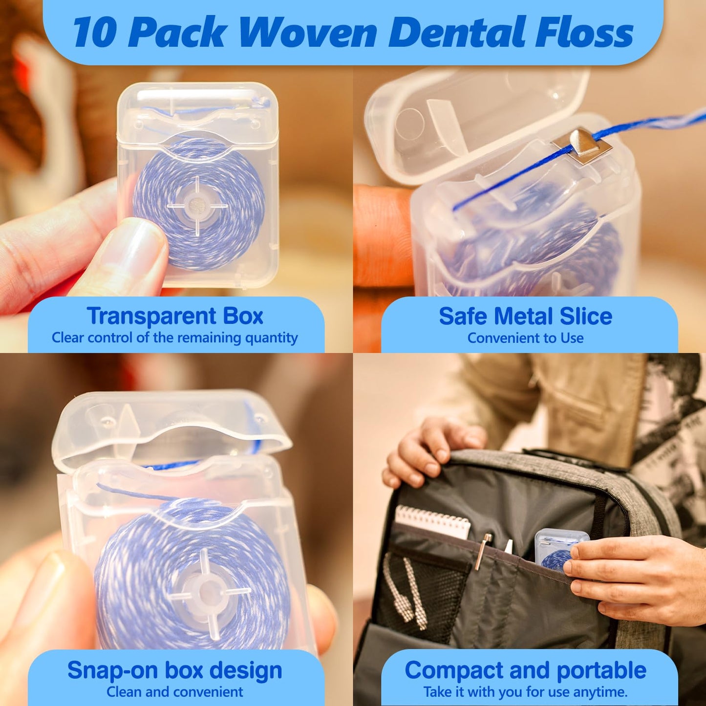 Expanding Woven Dental Floss,Waxed Dental Floss for Gentle Oral Care,Whitening Dental Floss,Plaque Remover for Teeth,String Floss,Mint,10 Spools (32.8 yd Each)