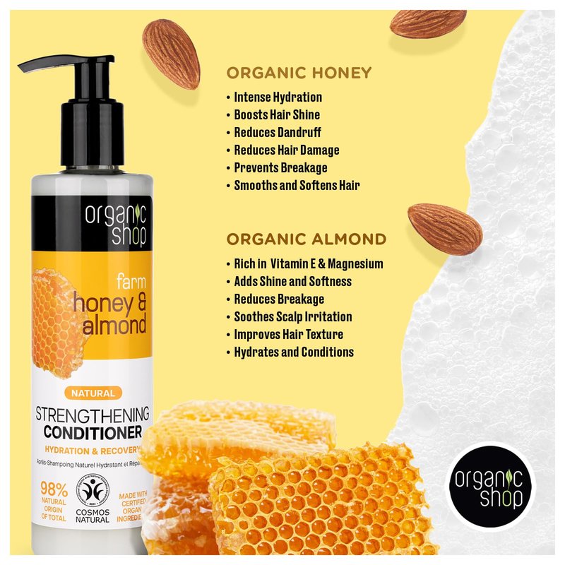 Organic Shop Honey & Almond Hair Strengthening Shampoo & Conditioner Hydrate Moisturizing Restorer, Softens & Deeply Hydrates Dry Damaged Hair, Paraben-Free, Sulfate-Free. 100% Vegan - Organic. Pack-2