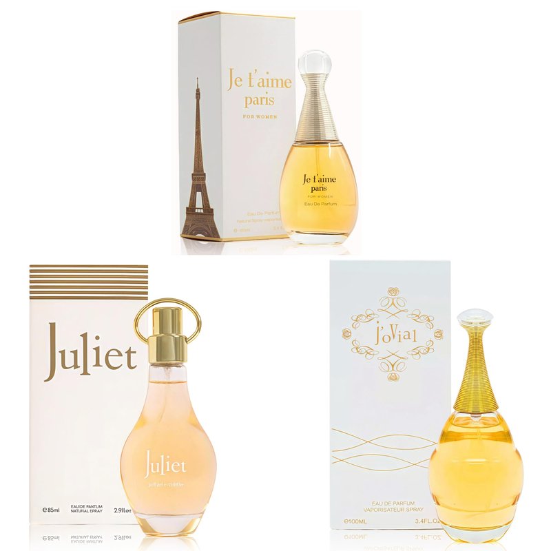 A CENTER J'ovial Parisian Perfume Trio Set for Women - Floral Fragrance with Jasmine, Rose & Lily of the Valley | 3.4 Fl Oz Each Women Cologne Set (Je t'aime Paris, Juliet, J'ovial)