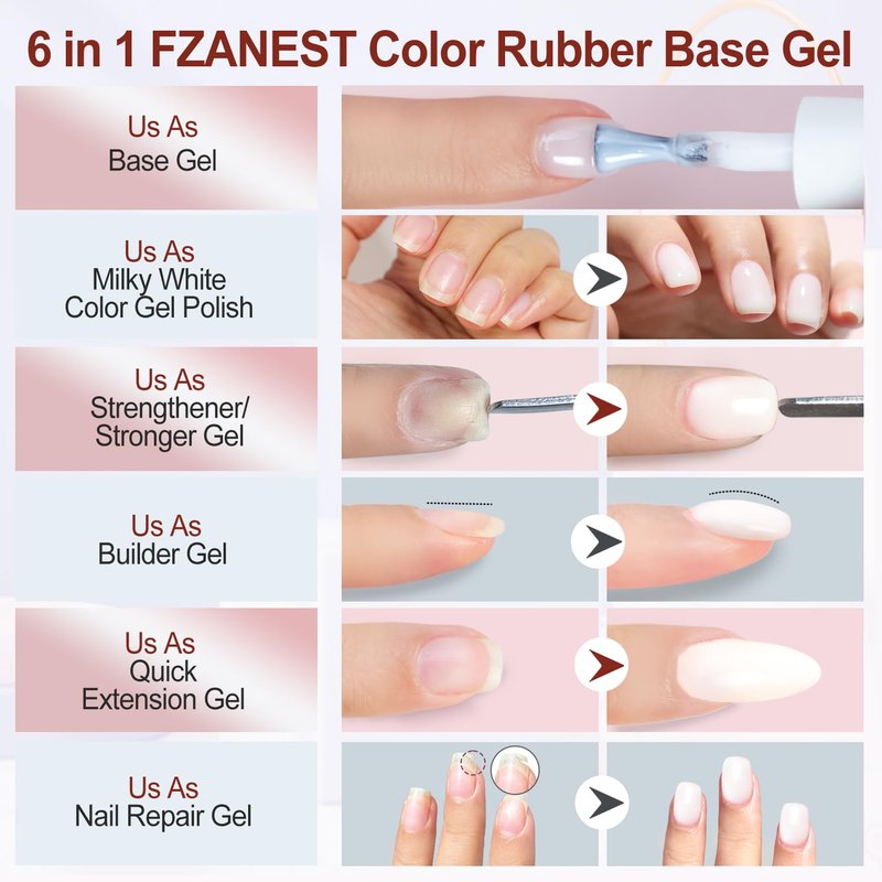 FZANEST Builder Gel for Nails, Milky White Gel Polish Rubber Base For Nails Strengthener Extension Apex Building Repair UV LED Color Base Nail Polish in Bottle