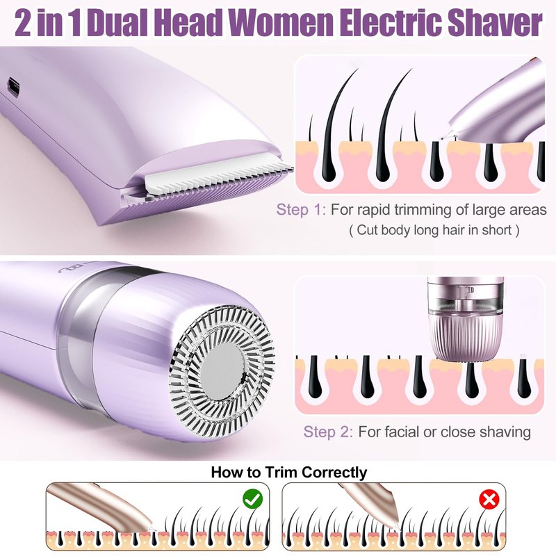 Bikini Trimmer for Women 2 in 1, Dual Head Womens Electric Shaver, Electric Razors for Pubic Hair, IPX7 Waterproof Rechargeable Facial Hair Removal for Shaving Underarm Leg Arm Body Face, Purple