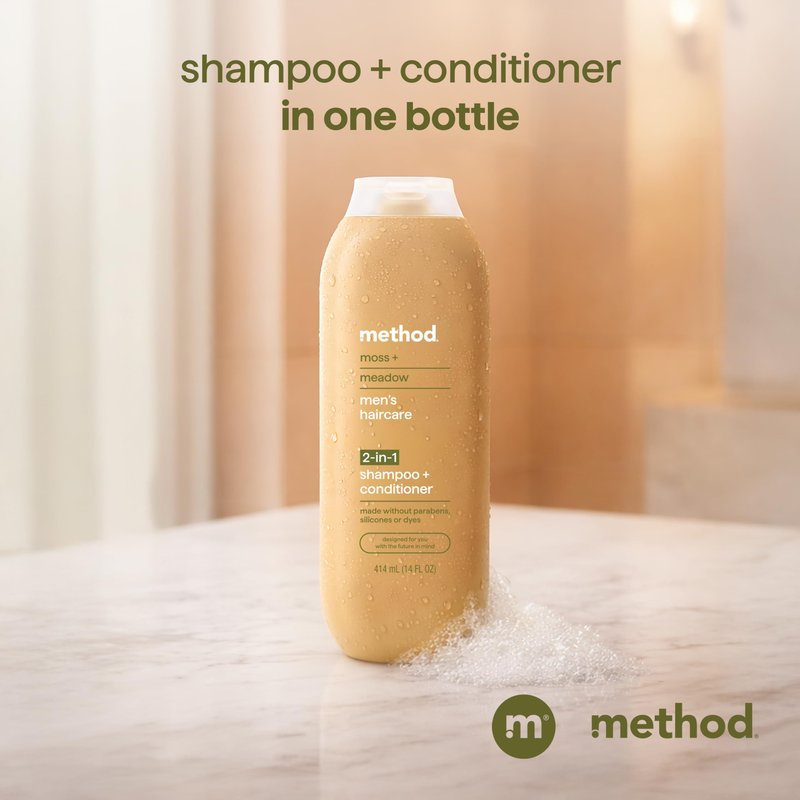 Method Men 2-in-1 Shampoo and Conditioner, Moss + Meadow - Cleans and Conditions with Argan and Jojoba Oil - Made without Parabens - 14 oz
