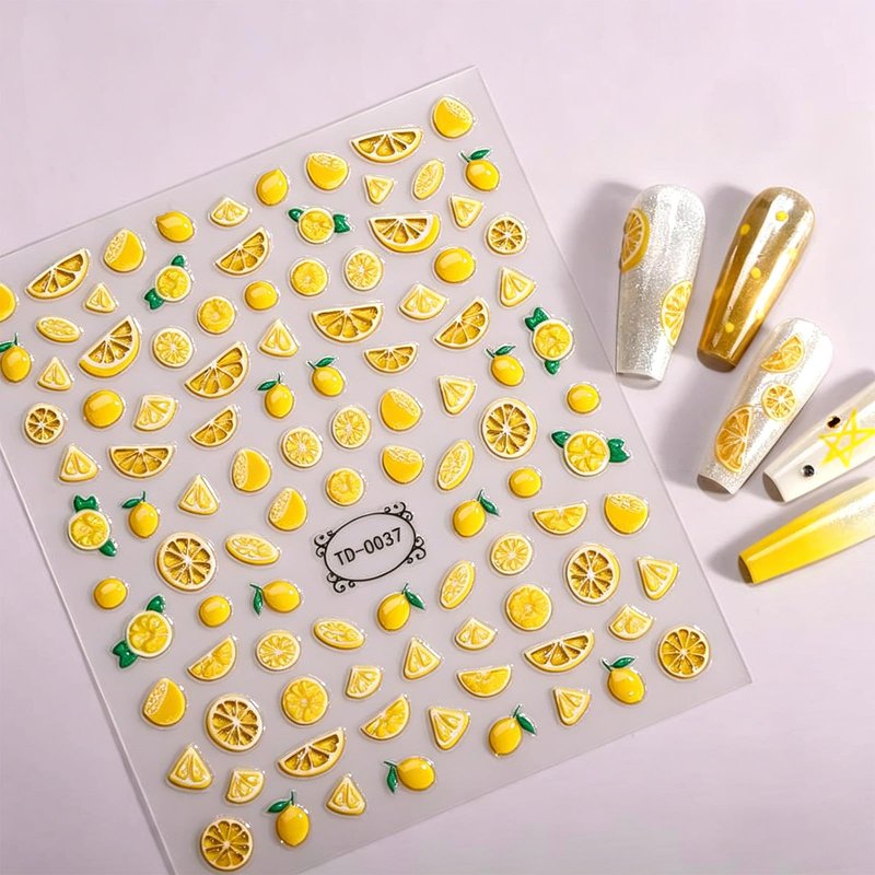 2Pcs Lemon Nail Stickers 5D Embossed Summer Fruit Slice Nail Decals DIY Glossy Yellow Lemon Nail Art Stickers Cute Cartoon Fun Adhesive Sliders Acrylic Nails Supply for Women Home Manicure