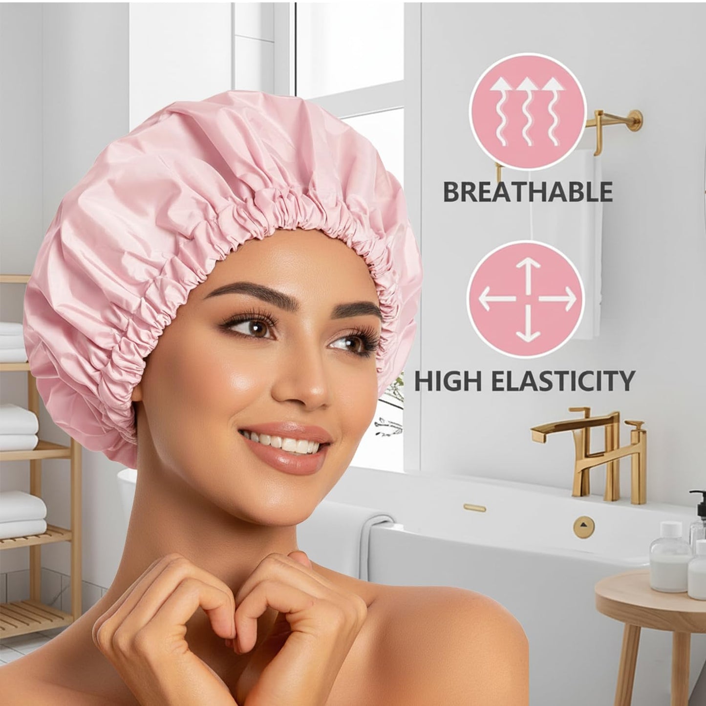 Shower Caps For Women Reusable Waterproof Double Layer Designed Large Shower Bonnet for Long Hair Washable Elastic Band Bath Reusable Pink Shower Caps Protects Hair In Shower, Spa & Travel