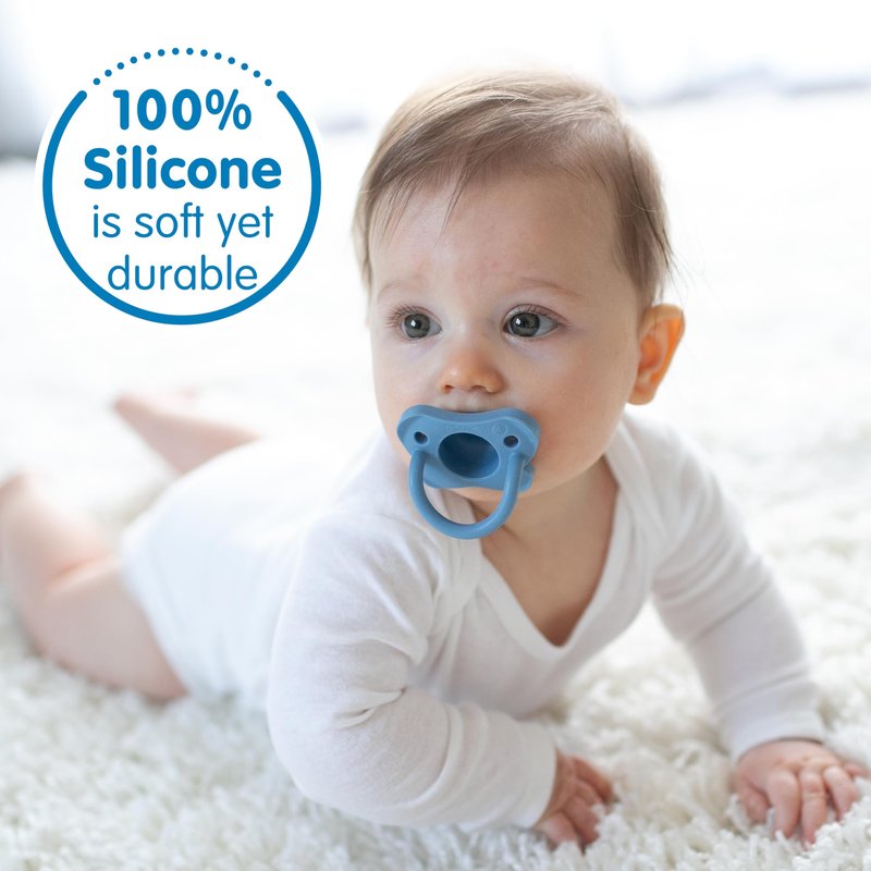 Dr. Brown's HappyPaci 100% Silicone Baby Pacifier, Contoured One-Piece Design, Blue/Light Blue/White, 0-6m, BPA-Free, 4-Pack