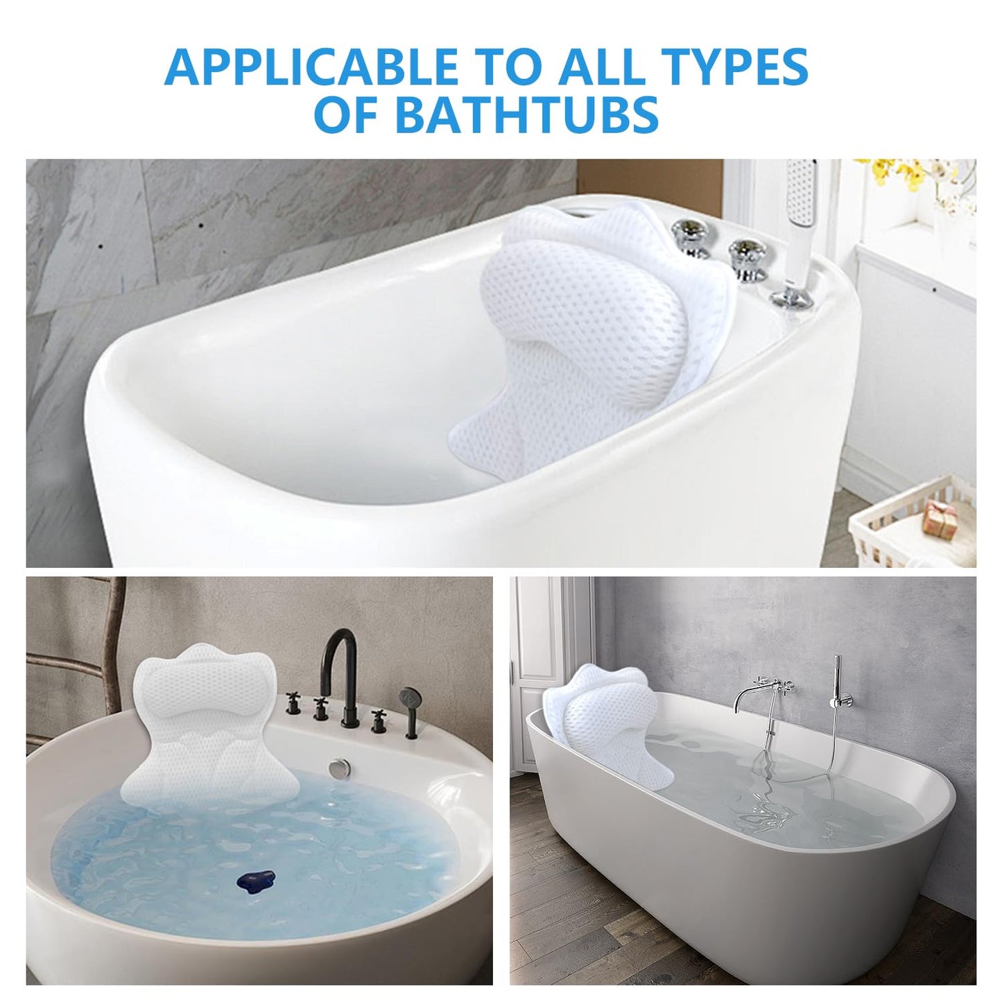 REEZEIVI Bath Pillows for Tub,Bath Pillow with 6 Non-Slip Suction Cups,Soft 4D Mesh Fabric,Bathtub Pillows for Tub Neck and Back Support,Extra Thick Luxury Bathtub Pillows,White