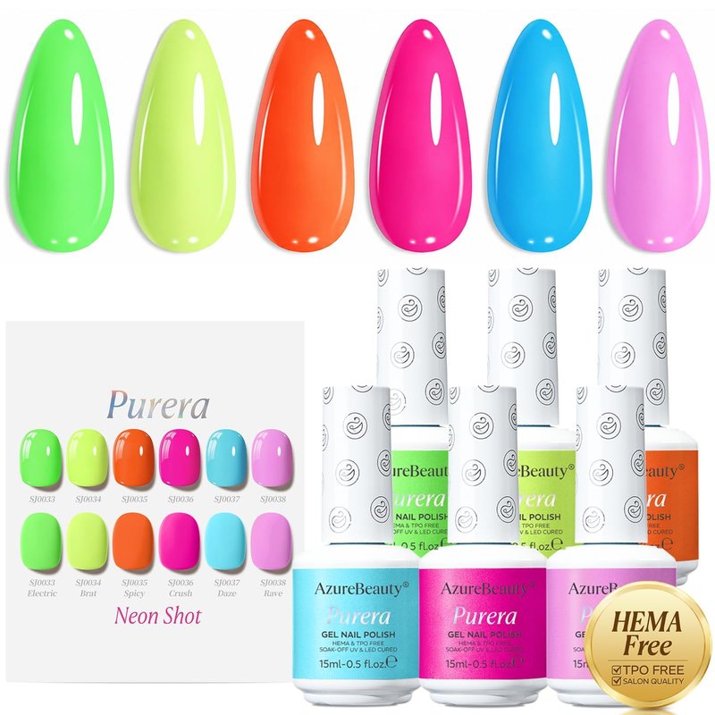AzureBeauty 6 Colors 15ml HEMA Free Neon Purera Gel Nail Polish Set, Same Color Bottles Soak Off UV LED Gel Polish Kit DIY at Home Manicure Salon Gifts, Summer Green Yellow Orange Hot Pink Blue Purple