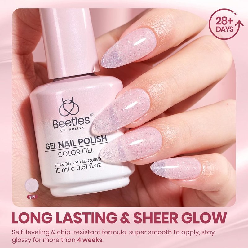 Beetles Glitter Pink Gel Nail Polish - 15ML Full Size Soft Glow Fragments Pink Nude Natural Glitter Gel Polish Soak Off UV French Nail Art Salon DIY Manicure Colorful Bottle Gift for Women