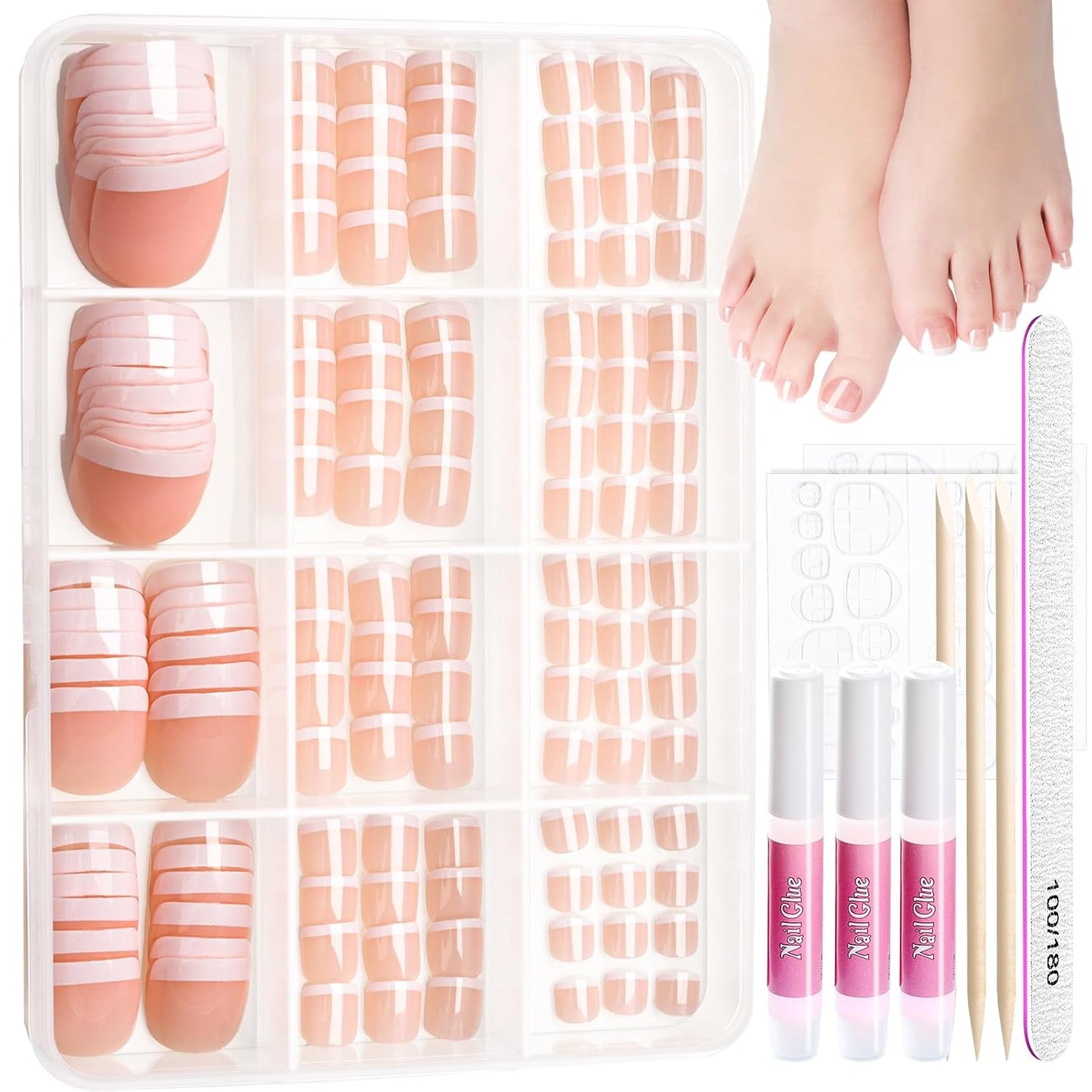 Teenitor Press-On Toenails - 144 Pcs French Tip Sets for Women | Easy Glue-On Fake Toe Nails