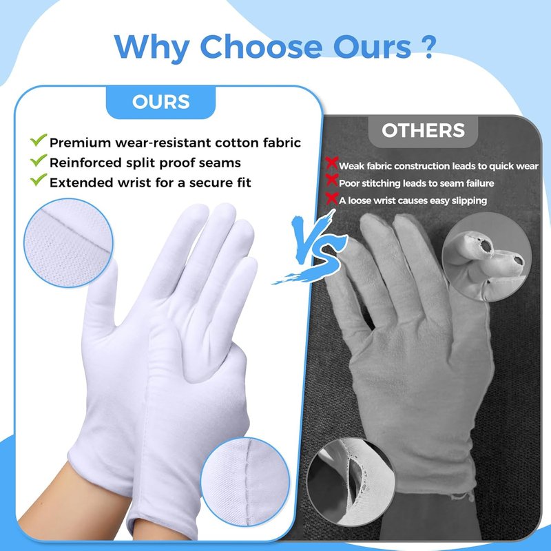 3 Pairs Cotton Gloves for Dry Hands Sleeping, Moisturizing Gloves for Men and Women, Stretchable White Cotton Gloves Eczema for Service Driving Coin Jewelry Handling