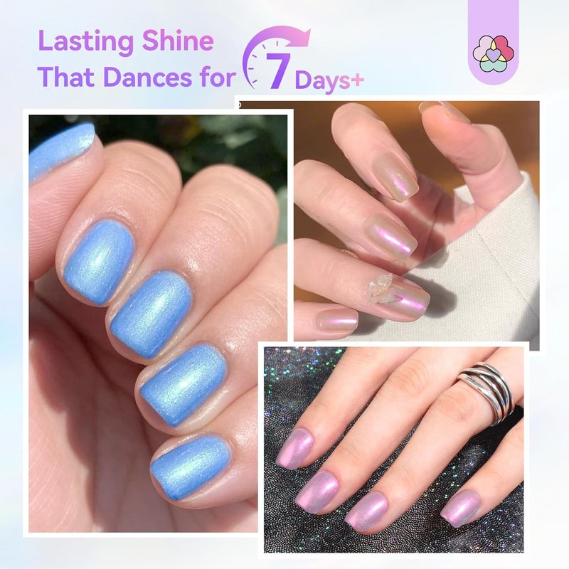 Aurora Nail Polish Kit - Quick-Dry 6+1 Colors Set with 3-in-1 Base, Top Coat & Cuticle Oil | Pearl Glitter Pink, Blue, Green, 12-Free