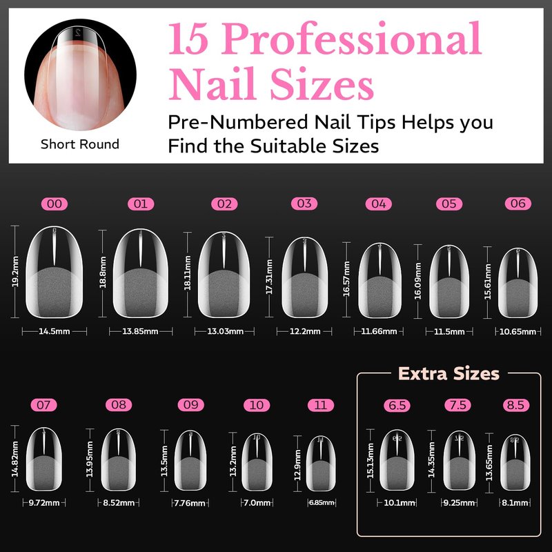 AZUREBEAUTY Short Oval Round Nail Tips, 600pcs Pre Etched Soft Gel Nail Tips 15Sizes Acrylic Fake Nails Half Matte Full Cover Clear Press On False Nail Extensions for DIY Manicure at Home