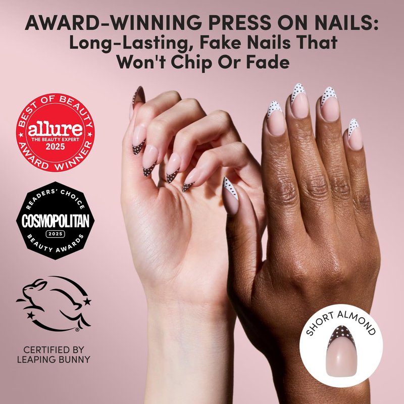 Glamnetic Press On Nails - Short Almond Polka Dot French Tips | Salon Quality Glossy Finish | 30 Nail Kit with Glue in Polka in Positano