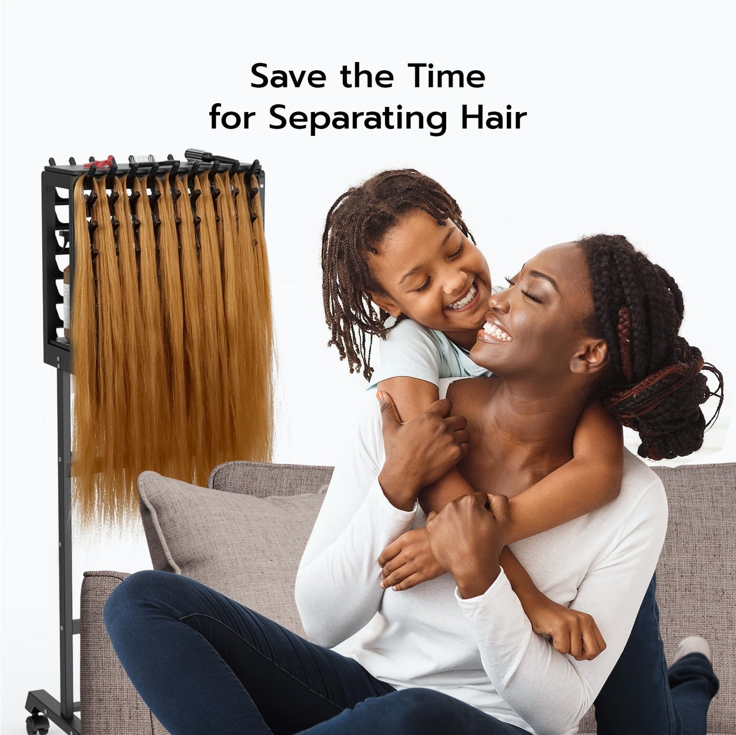 Yumkfoi Black Braiding Hair Rack, Double Sided Braid Rack with 4 Wheels and 2 Storage Shelf, Wooden Hair Racks for Braiders Standing Braid Rack, Hair Separator Stand for Hairstylists (144 Pegs)