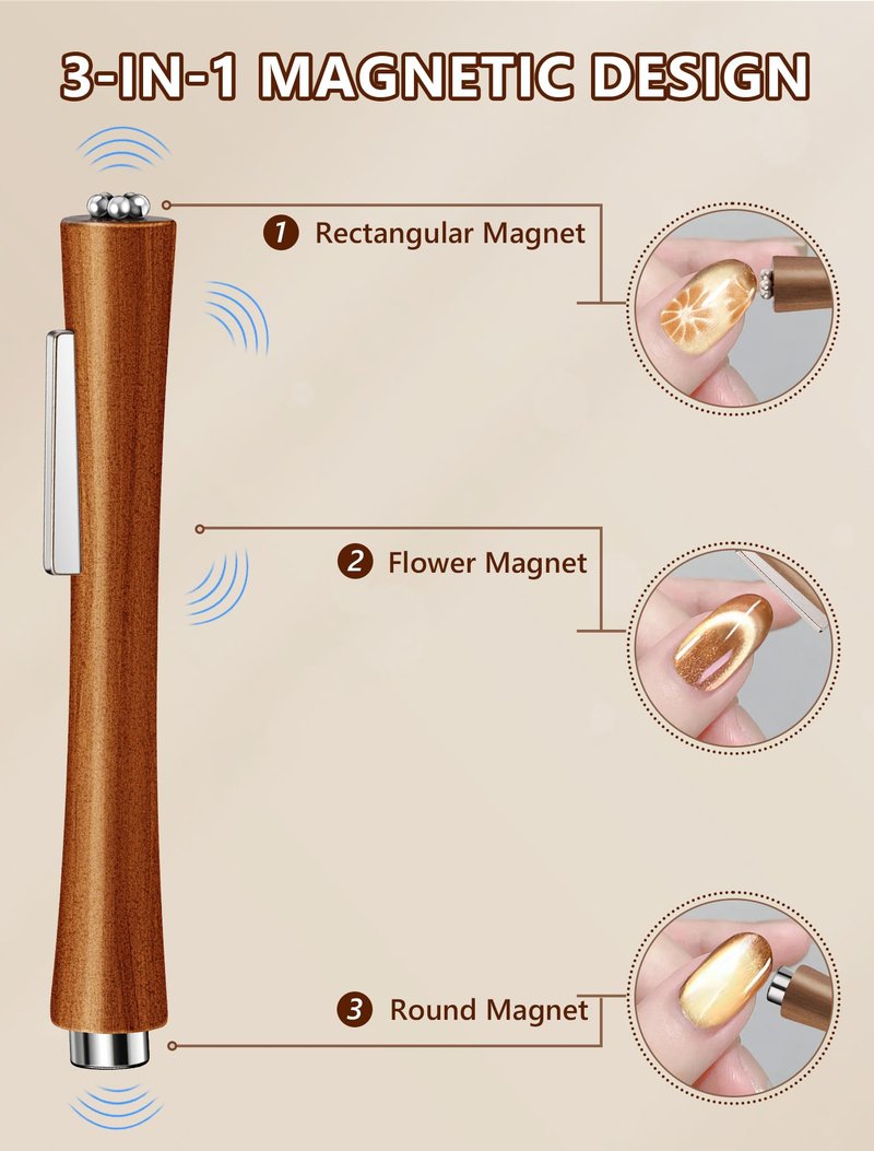3 IN 1 Cat Eye Magnet for Nails, Wooden Magnetic Pen with Heart & Rabbit Shaped Stick for Nail Art, Professional Home DIY Cateye Gel Polish Magnets Tools (5PCS)