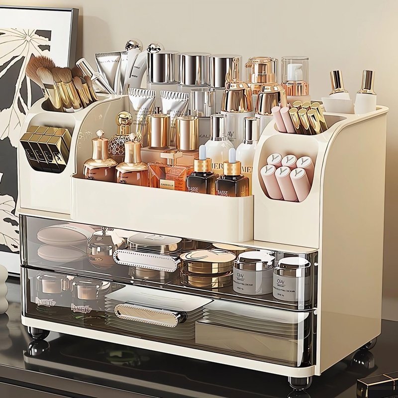Makeup Organizer with 2 Drawers, Cosmetic Display Case, Storage Holder for Vanity, Bathroom Counter, Desk, Beauty Supplies (Cream)