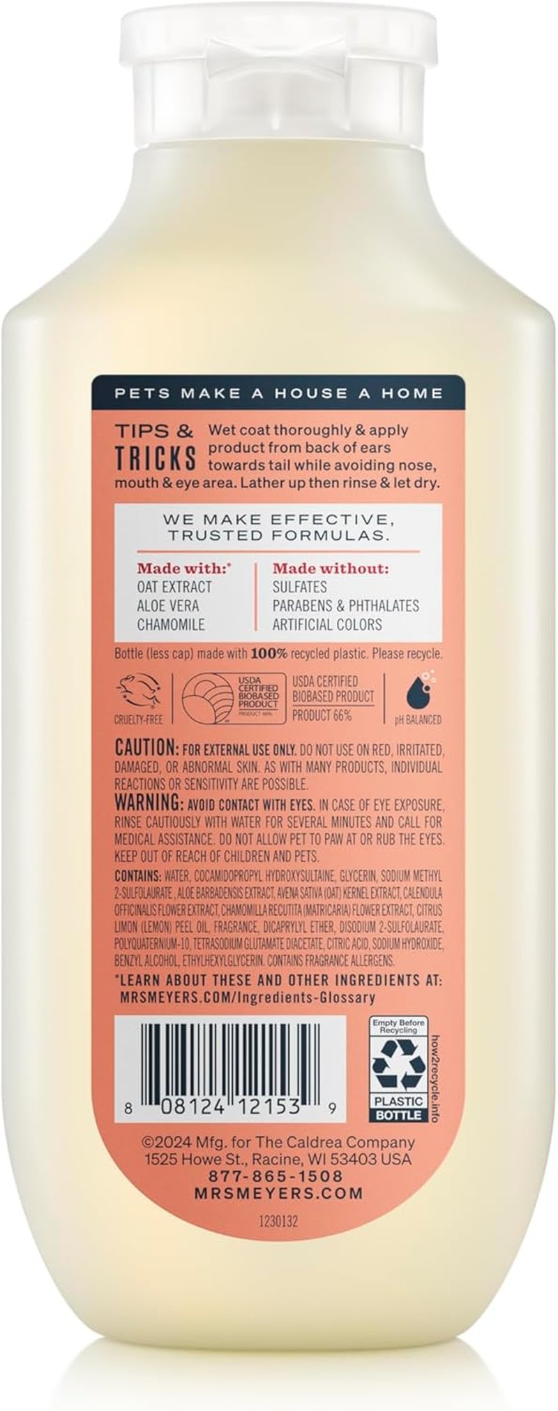 MRS. MEYER'S Dog Shampoo - 3 in 1 Formula with White Peach Scent | 14oz Bottle