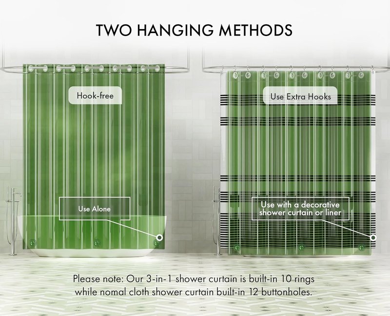 AmazerBath Hookless Shower Curtain Liner - 100% EVA Heavy Duty, 72x75 Clear Green with 3 Weights