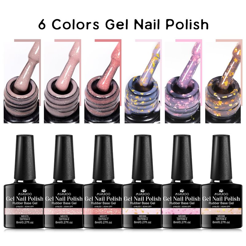 MSRUIOO 6Pcs Rubber Base Gel Nail Polish Set Pink Gold Foil Builder Base Gel Nude Brown Extension Gel for Nails at Home Salon DIY Beginner