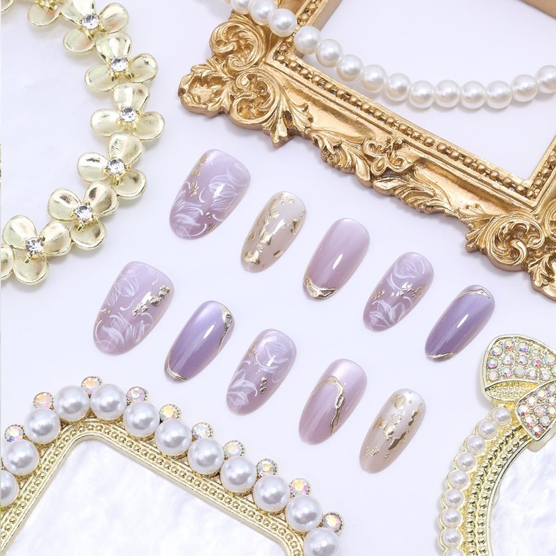 30Pcs Short Almond Press on Nails Purple Flower Fake Nails with Clear Gilding Design Spring False Nails Reusable Artificial Cute Press Ons Stick on Nails Full Cover Glue on Nail for Women Acrylic Tips