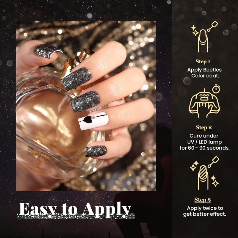 Beetles Black Gel Nail Polish - 15ML Glitter Reflective Shimmer for Stunning DIY Nail Art