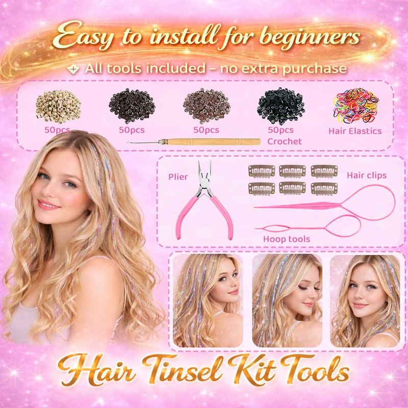 Hair Tinsel Kit - 48 Inch Glitter Tinsel Extensions for Girls & Women | 22 Color Options for Parties & Festivals