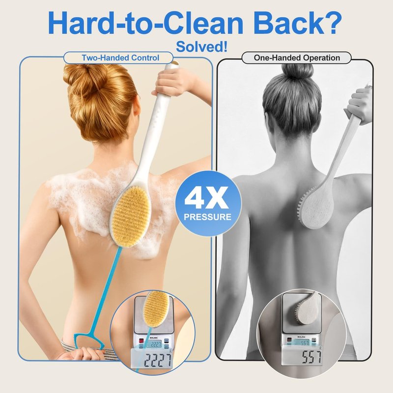 BUBBLEDANCE® Back Scrubber for Shower with Extendable Long Handle (17.5-31.9"), Dual-Sided Shower Brush with Natural Stiff & Soft Bristles, Anti-Slip Body Exfoliator for Bath & Dry Brushing