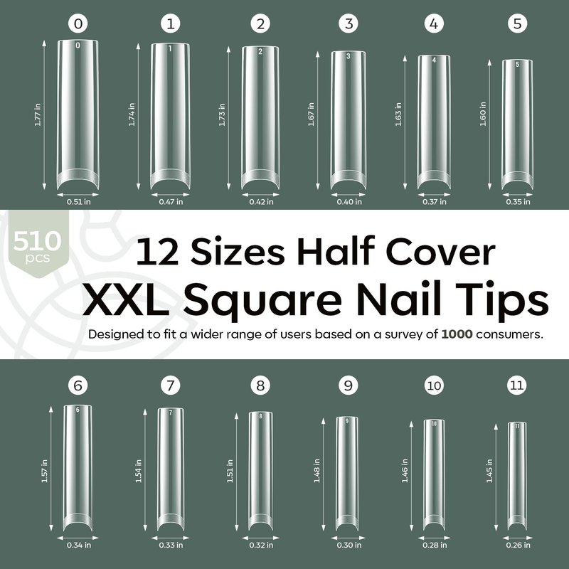 Modelones XXL Square Half Cover Nail Tips, No C Curve 510Pcs Extra Long Extension Tips Pre-Etched Fake Press on Nails Tips Clear Natural Fit Acrylic Gel False Nails for Extension DIY Salon 15Sizes