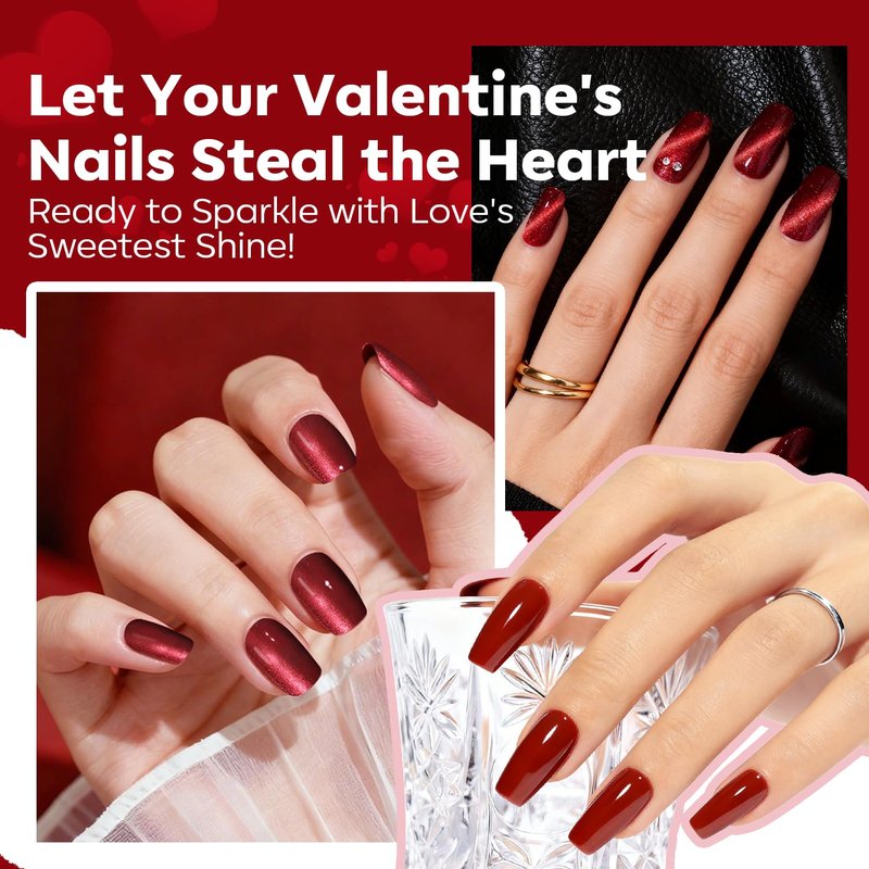 Red Nail Polish Set - 6 Colors Cat Eye Glitter Mini Quick Dry Lacquer Kit | Magnetic Sparkle DIY Nail Art Gift for Women & Girls