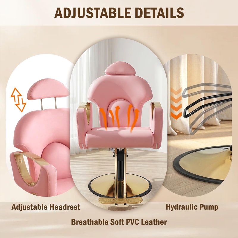 Salon Chair Barber Chair for Hair Stylist, Hair Chair with Height Adjustable Heavy-duty Hydraulic Pump,360° Swivel Multi-Function Beauty Hairdresser Shampoo Tattoo Armchair for Barbershop, Pink Gold