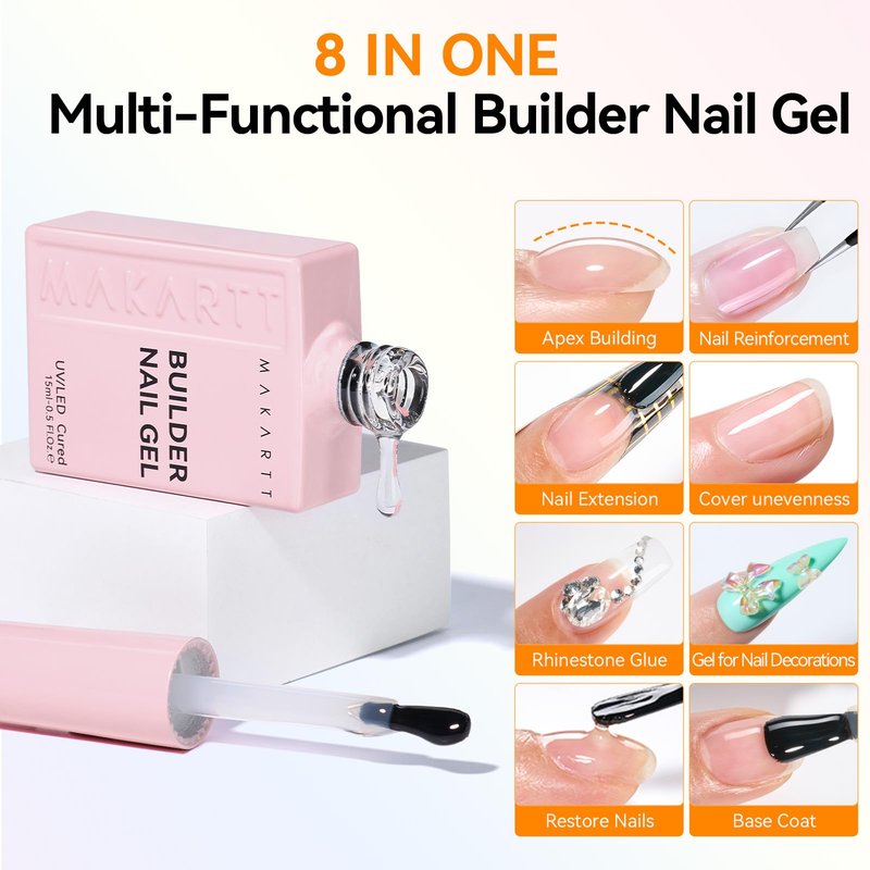 Makartt Builder Nail Gel with Top Coat Base Coat Kit: 3 PCS 15ml Long Lasting Diamond-Shine Finish No Wipe Clear Gel Polish Soak Off UV LED Lamp Needed Home DIY Gift Women