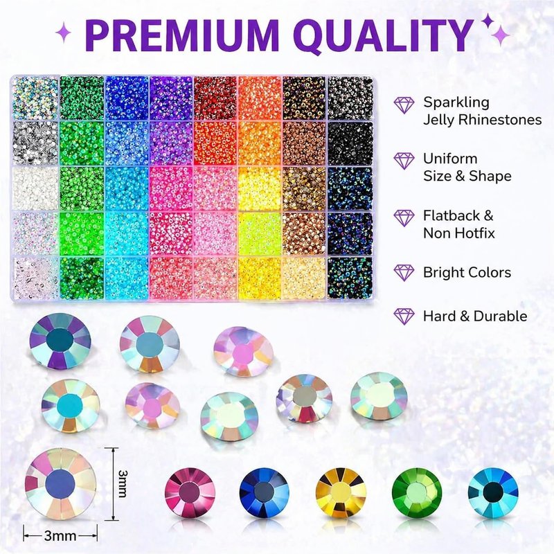 Bedazzling Kit - 3mm Flatback Rhinestones | 40 Color Jelly Resin Gems for Nails, Crafts & DIY
