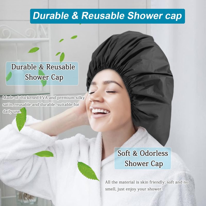 Sheomern 3 Pcs Super Jumbo Adjustable Satin Lined Shower Caps for Long Hair & Braids, Extra Extra Large Shower Cap for Women & Men, XXL Shower Cap with Waterproof Edge for Dreadlocks, Locs (Black)
