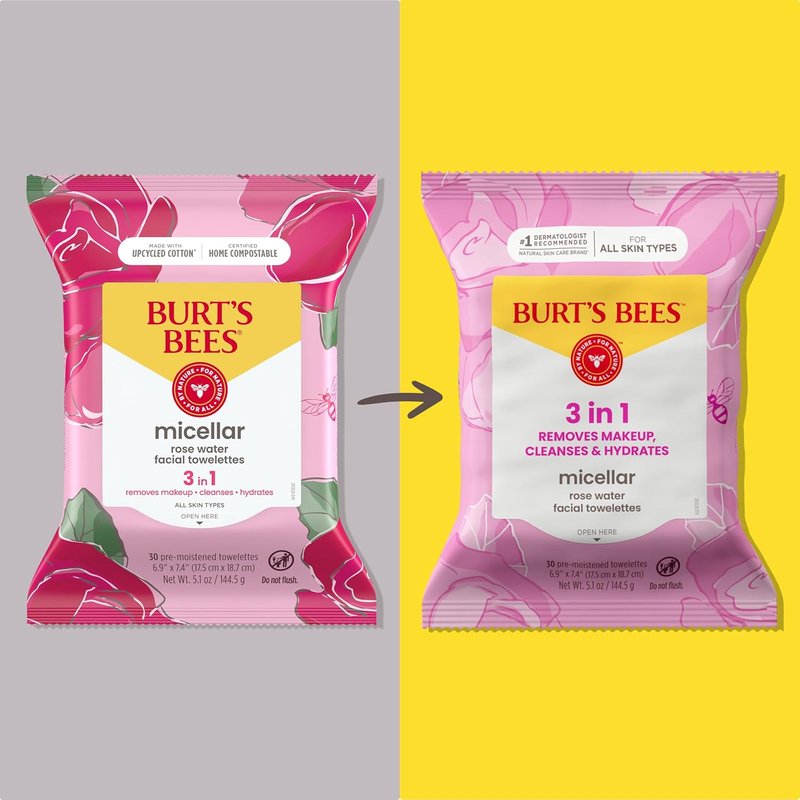 Burt's Bees Micellar Rose Water Facial Towelettes - 100% Plant-Based Cloth, 30 Ct | Hydrating Makeup Remover for All Skin Types