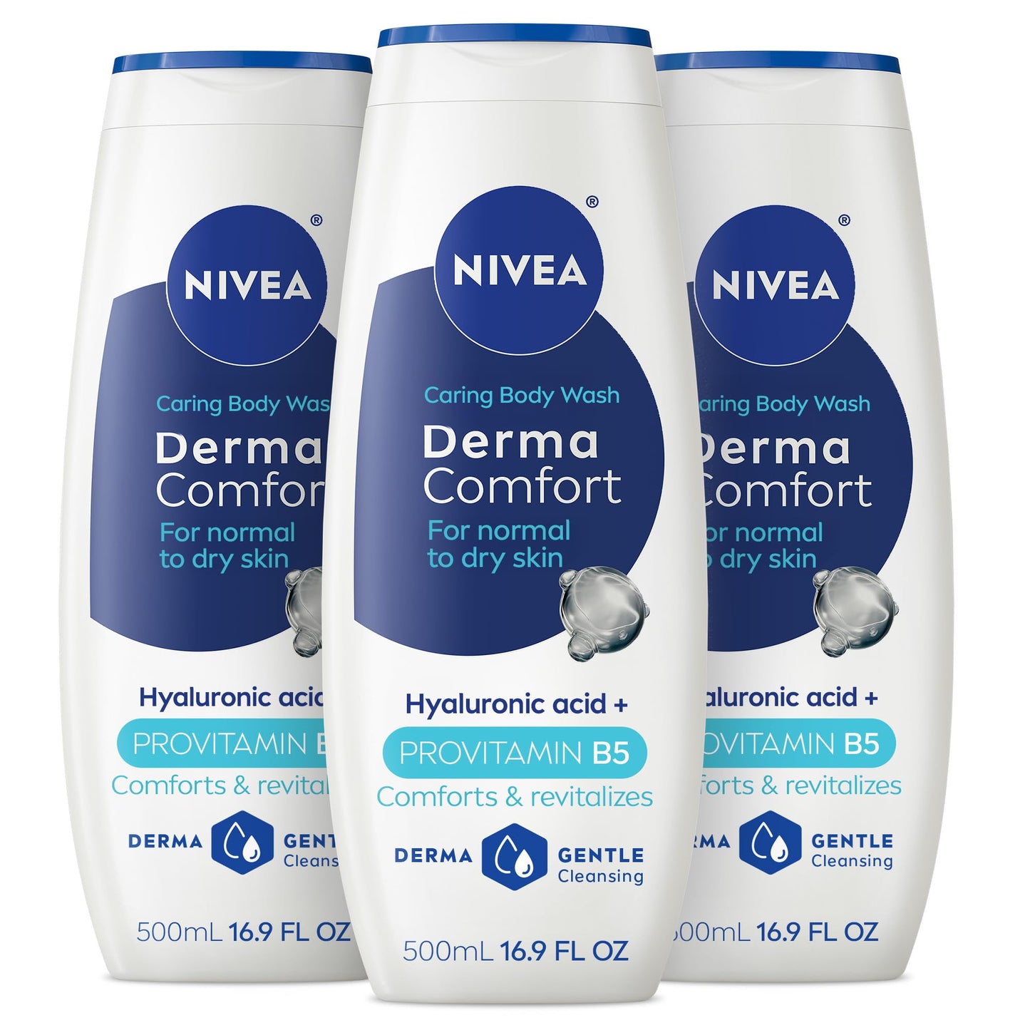 NIVEA Derma Comfort Caring Body Wash for Normal to Dry Skin, Body Wash with Hyaluronic Acid and Provitamin B5, 16.9 Fl Oz Bottle, Pack of 3