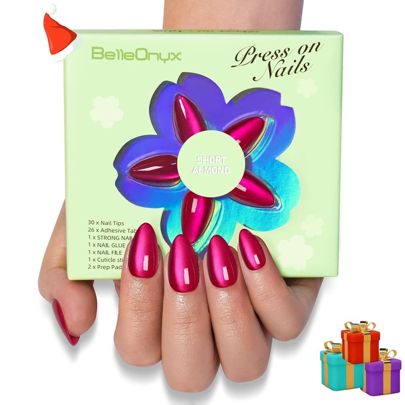 Cat Eye Press-On Nails - Short Hot Pink Almond Shape | 30 Reusable Glossy Fake Nails with Glue & Remover