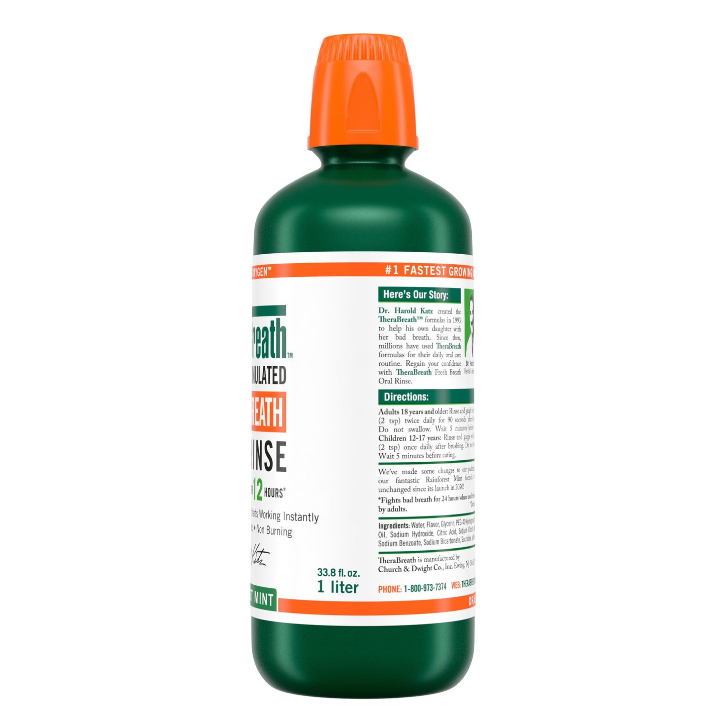 TheraBreath Fresh Breath Mouthwash, Rainforest Mint, Alcohol-Free, 33.8 oz/1 L
