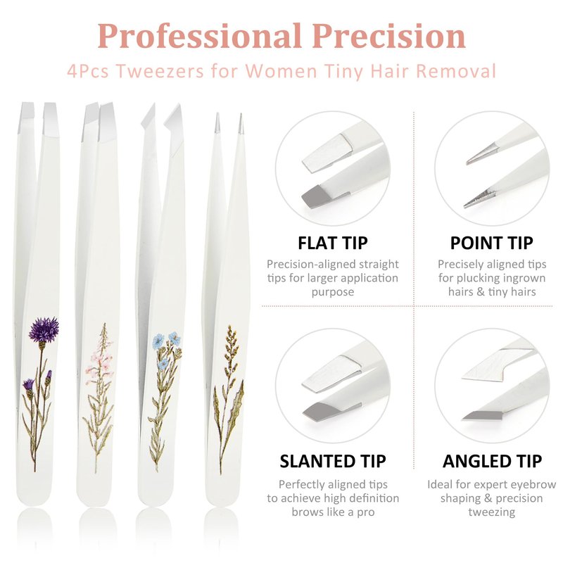 COSHAYSOO Personalized Tweezers Set for Women Facial Hair in Floral Travel Case, Tweezers for Eyebrows Ingrown Hair Splinter Removal Grooming Kit Essentials, Mothers Day Gifts for Mom Daughter Teens