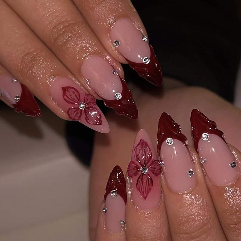 24Pcs Red Flower Press on Nails Medium Almond Fake Nails Summer Floral with Rhinestones Full Cover Acrylic Nails Glue on Nails Reusable Artificial French Tip False Nails for Women DIY Acrylic Nails