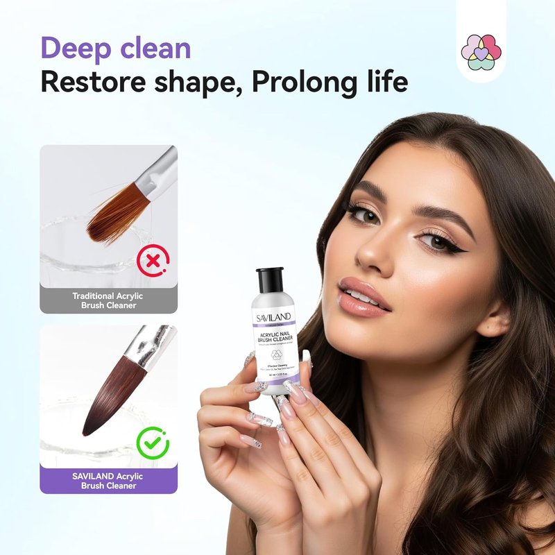 SAVILAND Acrylic Brush Cleaner: 3-Minute Deep Clean & Conditioning Liquid with Dappen Dish, Plant-Based Acrylic Nail Brush Cleaner and Preserver for Manicure Tools Home DIY & Salon Use, 60ml