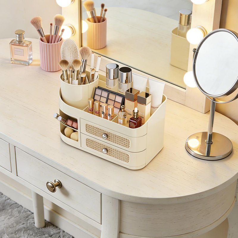 Hoiwio Makeup Organizer for Vanity with 360° Rotating Removable Brush Holder - Bathroom Countertop Dresser Organization, Beauty Cosmetic Storage with Drawer for Skincare, Perfumes, Lipsticks