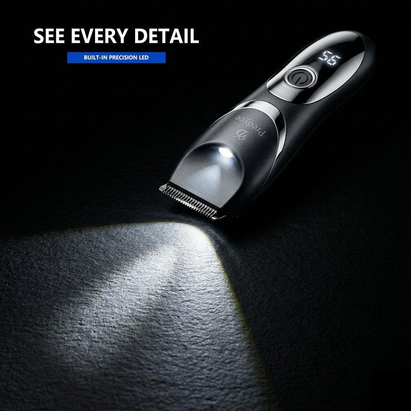 Predyee Men's Body and Groin Trimmer, Electric Manscaping Groomer with Skin-Friendly Ceramic Blade, LED Light, IPX7 Waterproof Wet/Dry Pubic Hair Shaver, USB-C Rechargeable Grooming Kit
