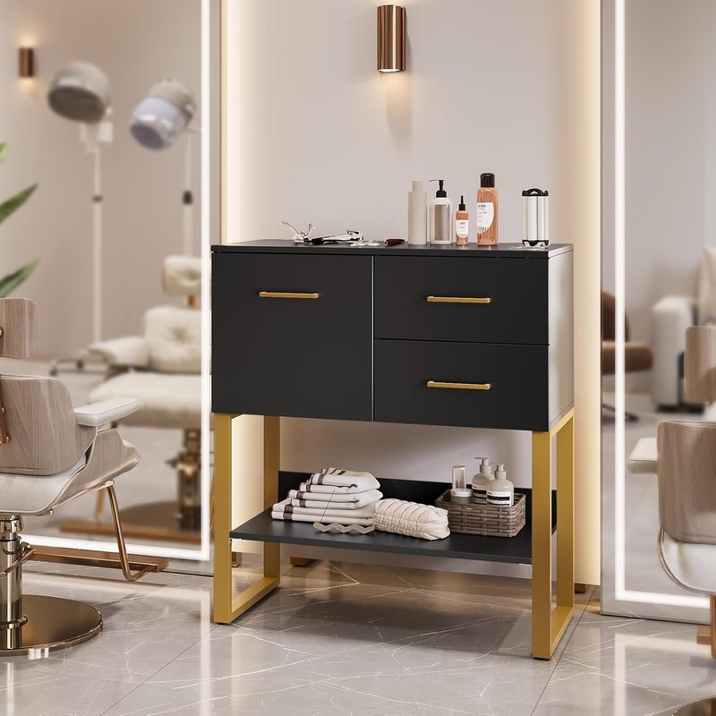 Beauty Barber Station - Salon Storage Cabinet with Drawers & Hair Dryer Holders | Black Styling Station for Hair Stylists