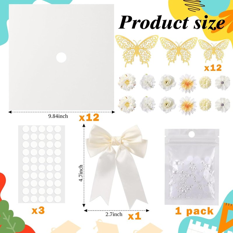 MotiMind 41 Pcs Beige DIY Graduation Cap Decoration Kit, Grad Cap Decorations Grad Hat Topper Faux Assorted Flowers Bows 3D Cream Construction Paper Butterfly Stickers Pearl Adhesive Dots