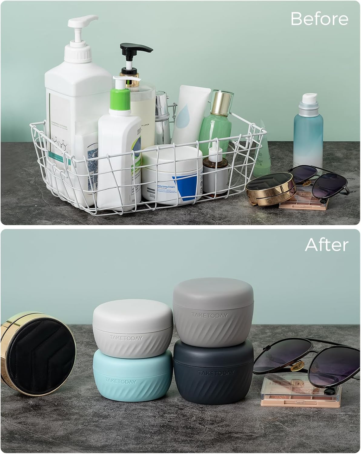 TakeToday Travel Containers - Leak-Proof TSA Approved Silicone Toiletry Jars | 2oz, 4 Pack, Grey