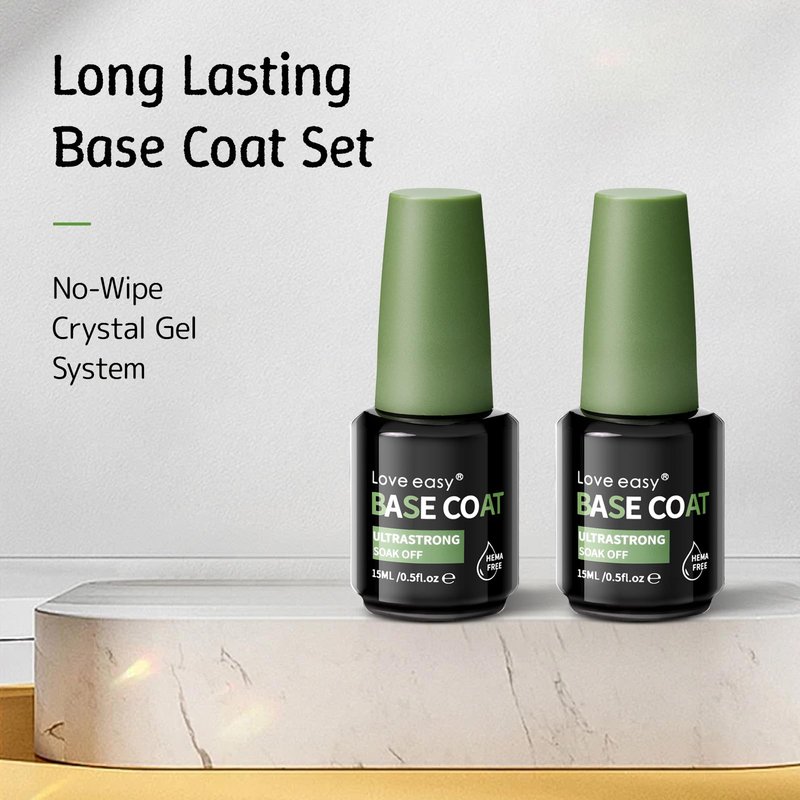 Love Easy Base Coat Gel Polish Set for Nails, 2 Pack Clear Crystal Strengthen Apex Building Enhance Reinforce, Long Lasting 28+ Days, Safe Formula Protect Uneven Thin Damaged Weak Nail（U V Lamp Cured）