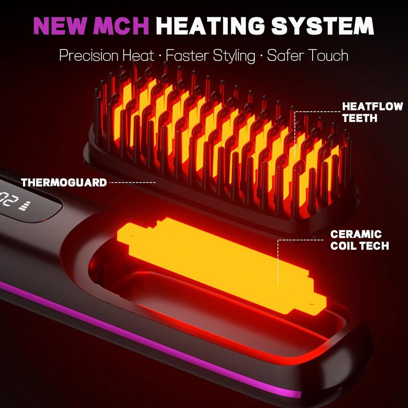 Portable Cordless Hair Straightener Brush - Fast 30s Heat, 3 Temp Settings | Travel-Friendly Gray Design